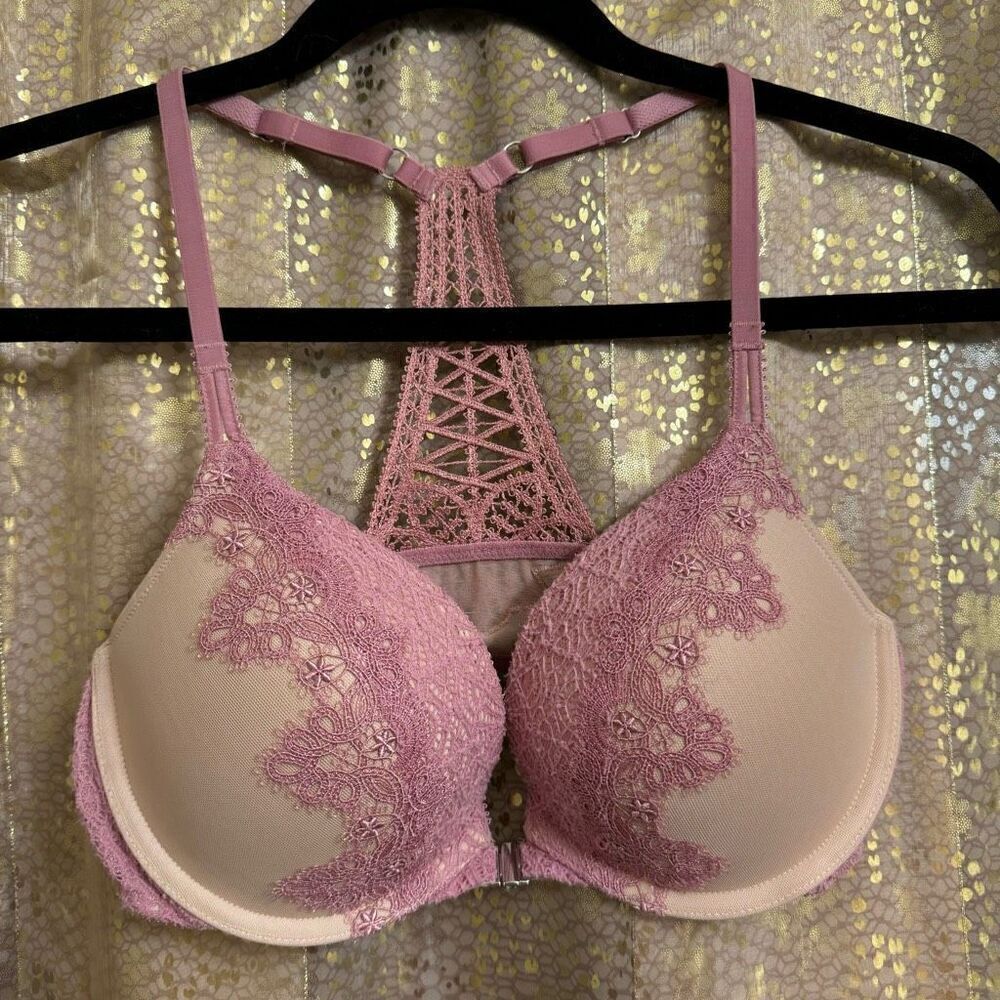Victorias Secret Dream Angels Mauve Pink Lace Racerback Front Clip Bra 32D